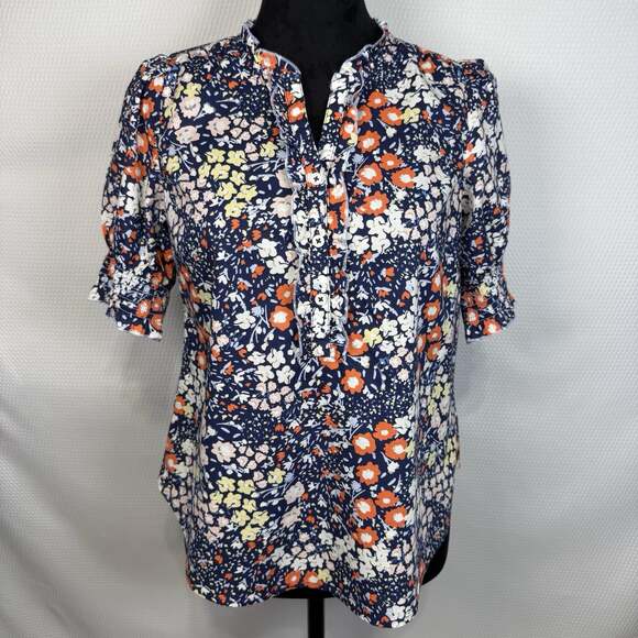 Talbots Tops - Talbots Petites Ruffle Trim Top Size SP Navy Floral Print Smocked Half Sleeves